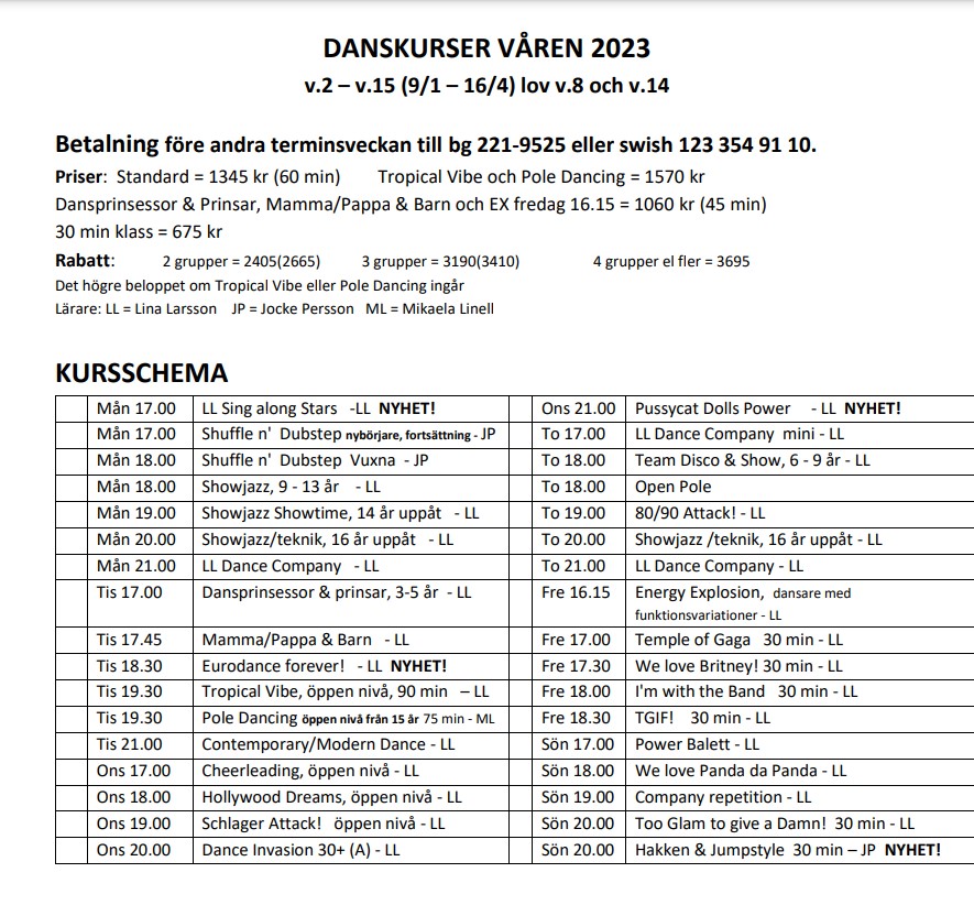 LL Dance Studio Danskurser Våren 2023
